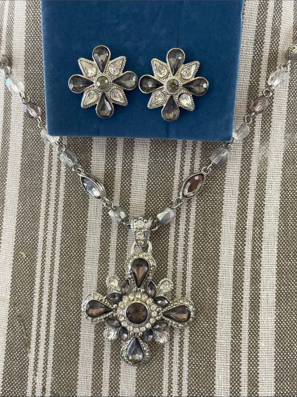 Avon Silver-Tone Smoky Crystal Flower Necklace & Matching Earrings
